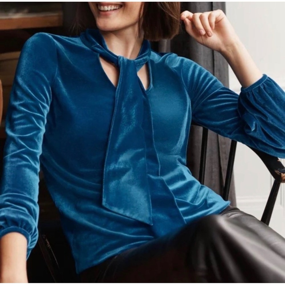 Boden Nancy Velvet Tie Neck Top Blue Blouse US 20/22 UK 22